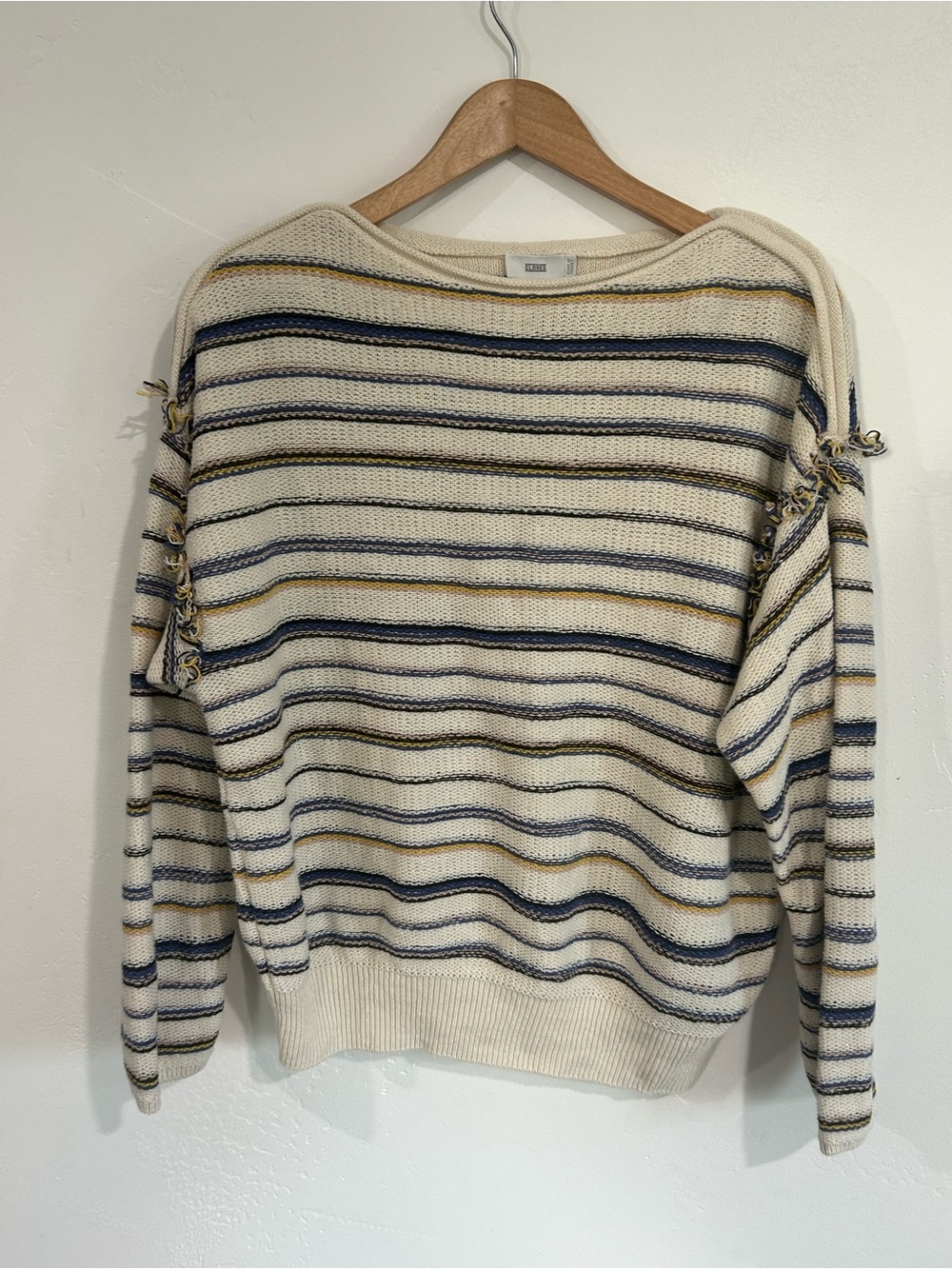Closed Striped Knit Sweater in Ivory, Navy & Mustard